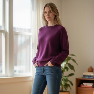 J. Crew 100% Cotton Knit Crewneck Sweater In Eggplant Purple